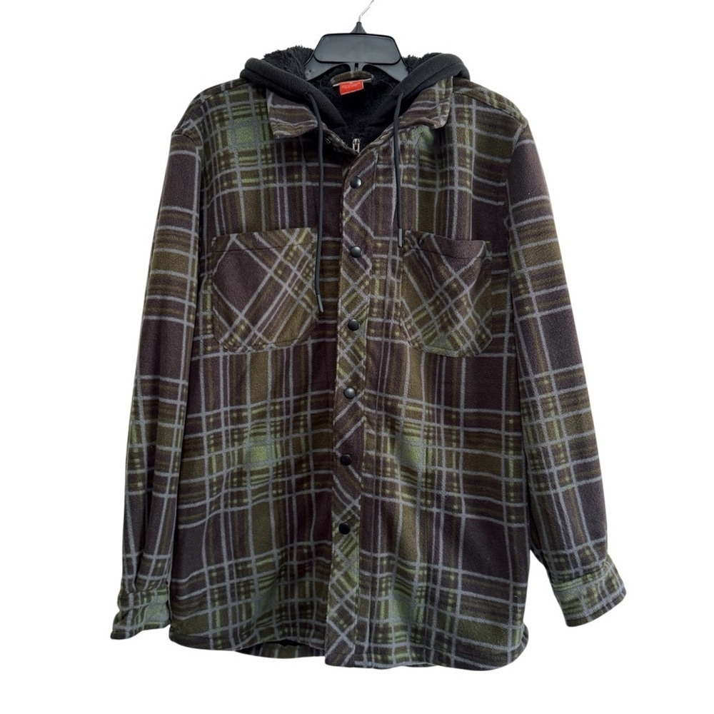 Men’s Plaid Button-Up/Zip Shacket with Hoodie